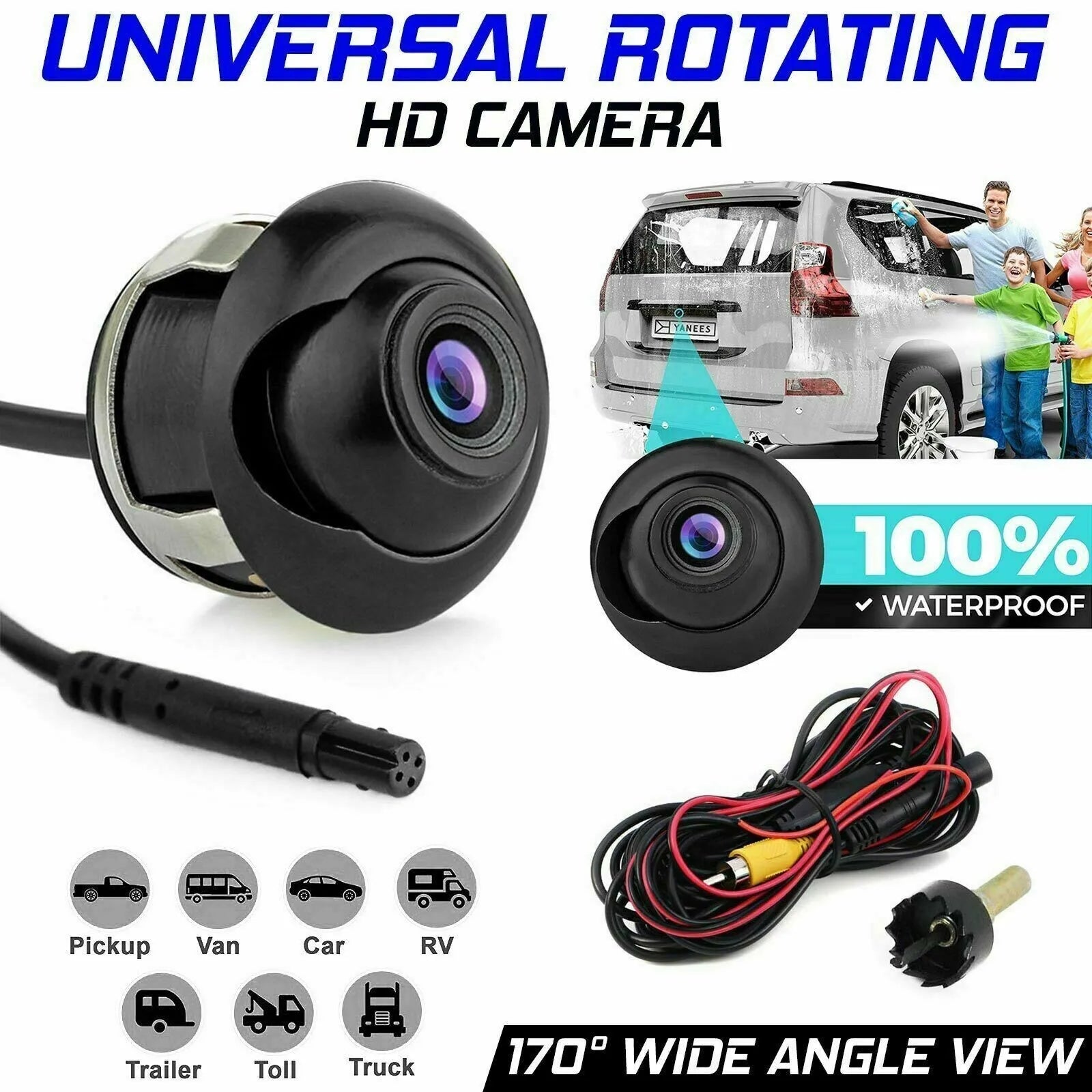 360° Rotatable HD Car Front Rear Side View Reverse Back up Camera Waterproof 12V.